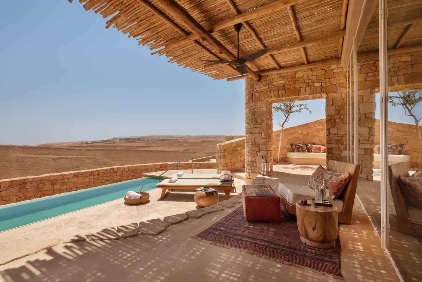 Panorama Pool Villa shaded terrace and private pool above the desert