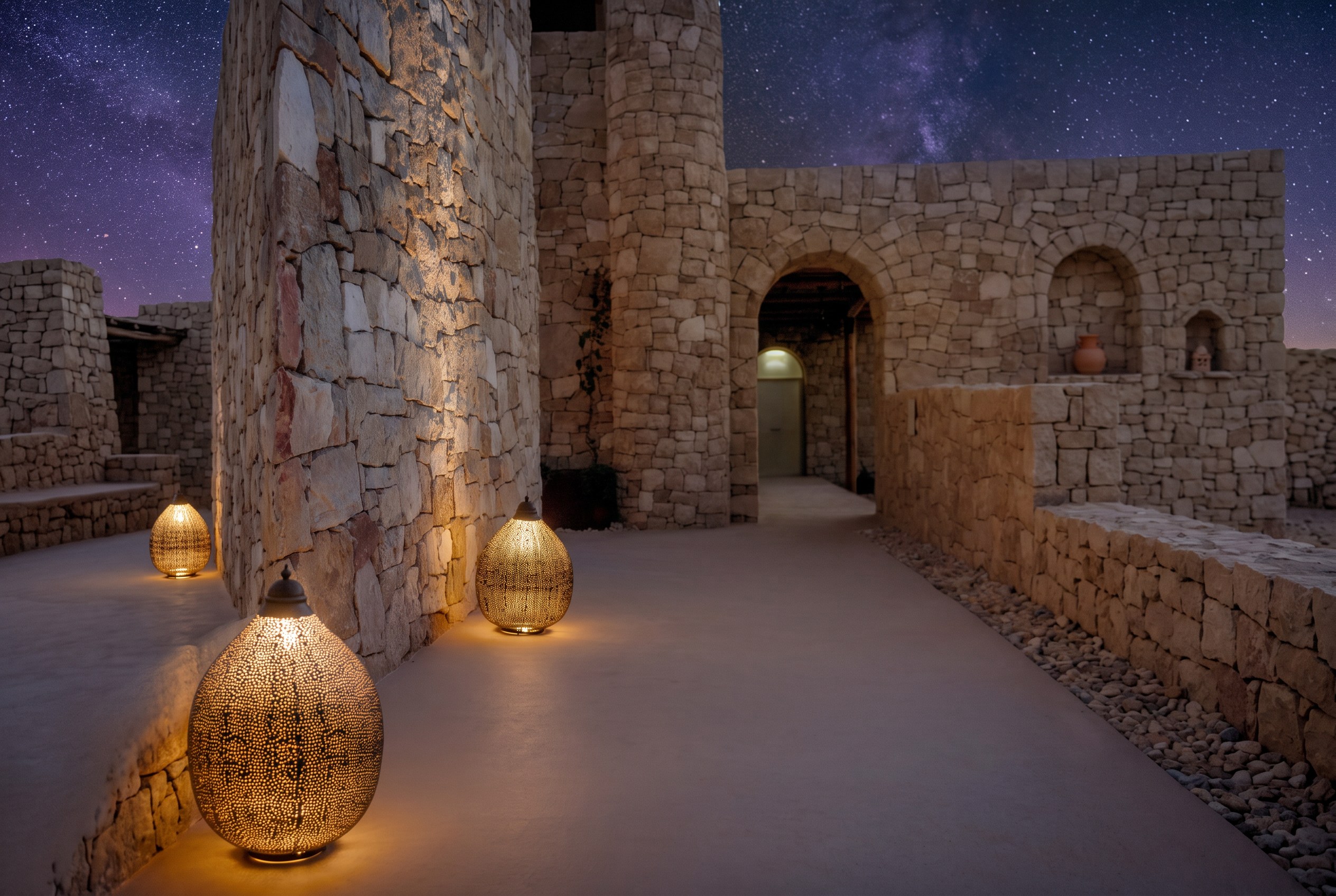 Lantern-lit stone walkway beneath a starry night sky